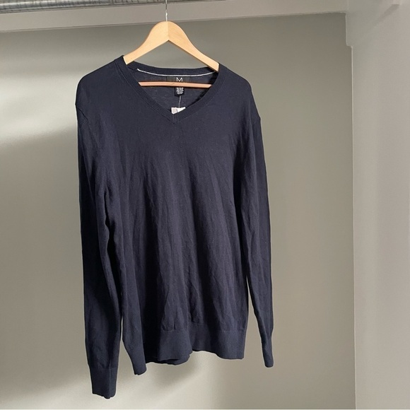 Men’s Sweater Large Magaschoni Long Sleeve V Neck Knitted Pull On Navy Blue 3046 - Picture 2 of 7